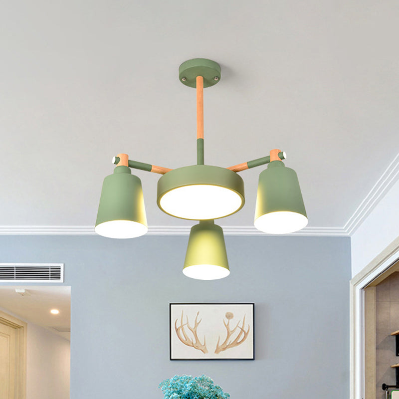 3/5/8-Light Living Room Chandelier Lamp Macaron Grey/Blue/White and Wood Suspension Pendant with Bucket Metal Shade Clearhalo 'Ceiling Lights' 'Chandeliers' Lighting' options 1909911