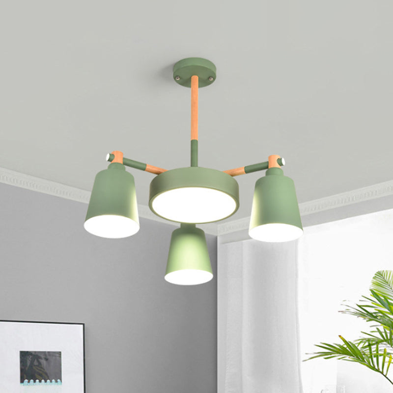 3/5/8-Light Living Room Chandelier Lamp Macaron Grey/Blue/White and Wood Suspension Pendant with Bucket Metal Shade Clearhalo 'Ceiling Lights' 'Chandeliers' Lighting' options 1909912