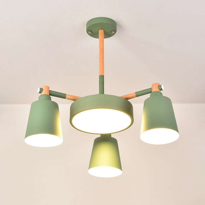 3/5/8-Light Living Room Chandelier Lamp Macaron Grey/Blue/White and Wood Suspension Pendant with Bucket Metal Shade Clearhalo 'Ceiling Lights' 'Chandeliers' Lighting' options 1909913