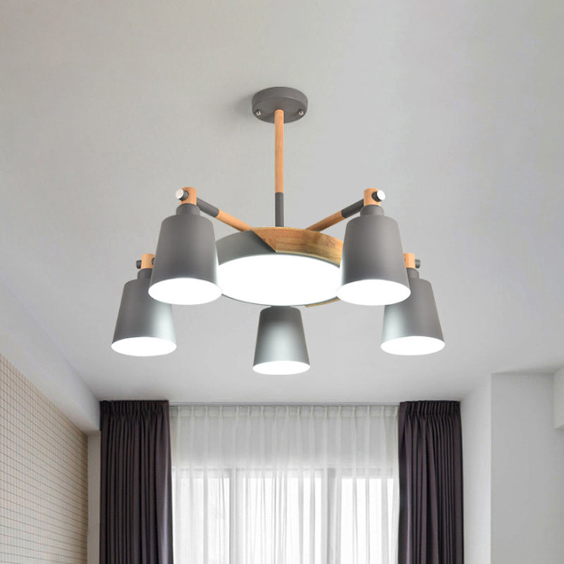 3/5/8-Light Living Room Chandelier Lamp Macaron Grey/Blue/White and Wood Suspension Pendant with Bucket Metal Shade Grey Clearhalo 'Ceiling Lights' 'Chandeliers' Lighting' options 1909916_5215c83f-204a-40d5-9eb5-feb22931df79