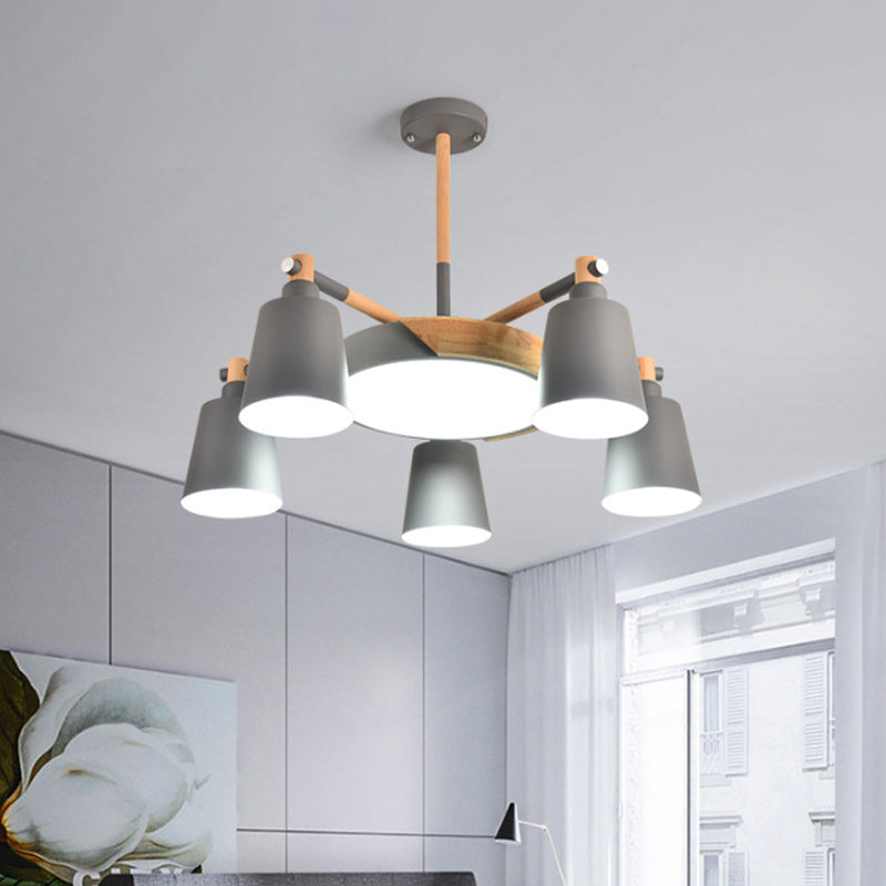 3/5/8-Light Living Room Chandelier Lamp Macaron Grey/Blue/White and Wood Suspension Pendant with Bucket Metal Shade Clearhalo 'Ceiling Lights' 'Chandeliers' Lighting' options 1909917