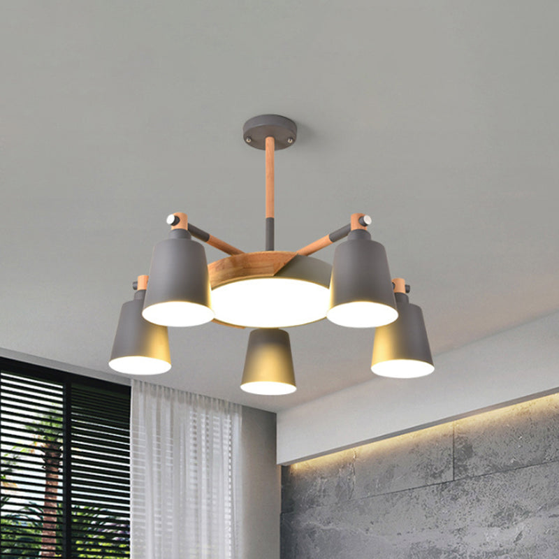 3/5/8-Light Living Room Chandelier Lamp Macaron Grey/Blue/White and Wood Suspension Pendant with Bucket Metal Shade Clearhalo 'Ceiling Lights' 'Chandeliers' Lighting' options 1909918
