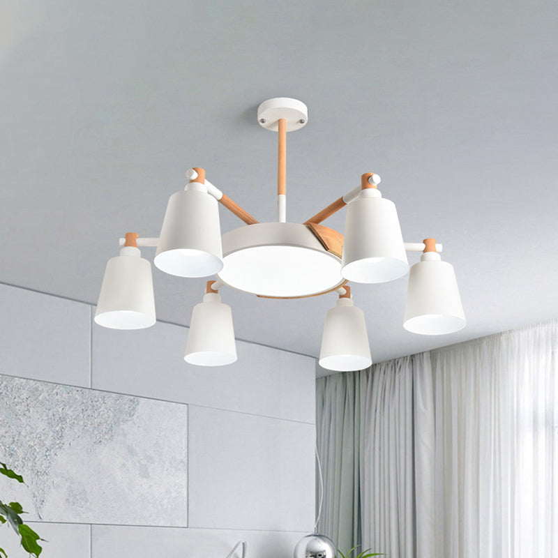 3/5/8-Light Living Room Chandelier Lamp Macaron Grey/Blue/White and Wood Suspension Pendant with Bucket Metal Shade White Clearhalo 'Ceiling Lights' 'Chandeliers' Lighting' options 1909921_50278bc1-df40-4af7-a022-b9aad63a1240