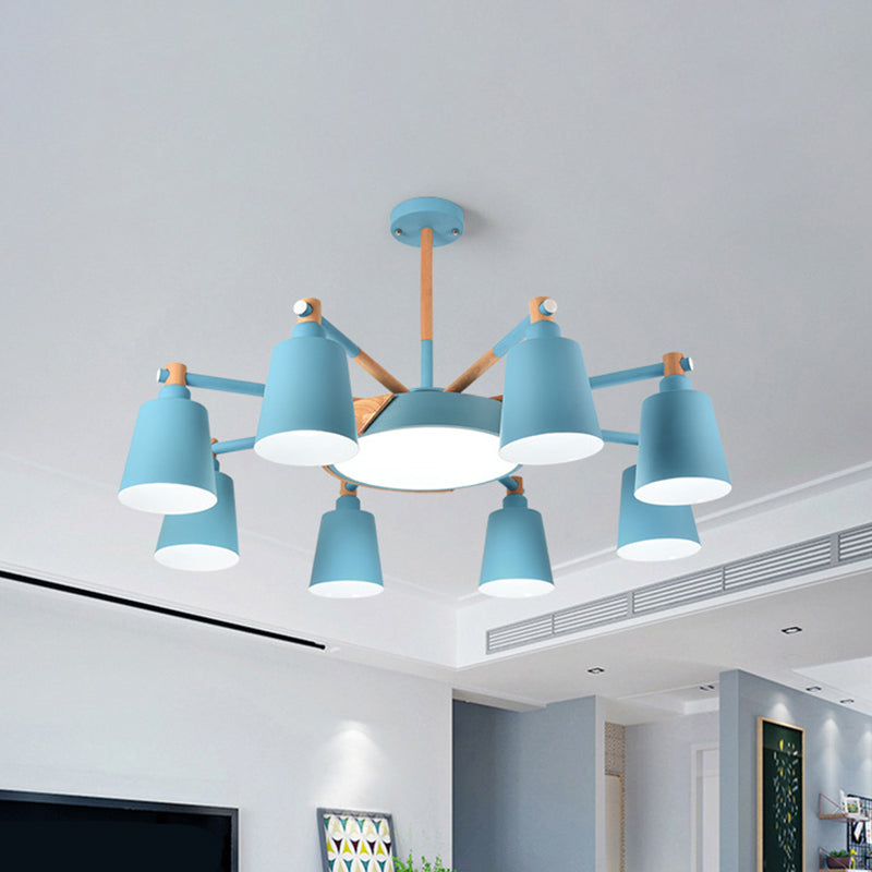 3/5/8-Light Living Room Chandelier Lamp Macaron Grey/Blue/White and Wood Suspension Pendant with Bucket Metal Shade Clearhalo 'Ceiling Lights' 'Chandeliers' Lighting' options 1909926