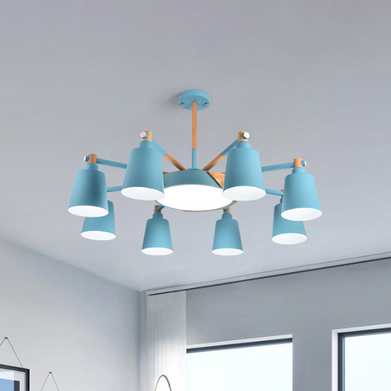 3/5/8-Light Living Room Chandelier Lamp Macaron Grey/Blue/White and Wood Suspension Pendant with Bucket Metal Shade Clearhalo 'Ceiling Lights' 'Chandeliers' Lighting' options 1909927