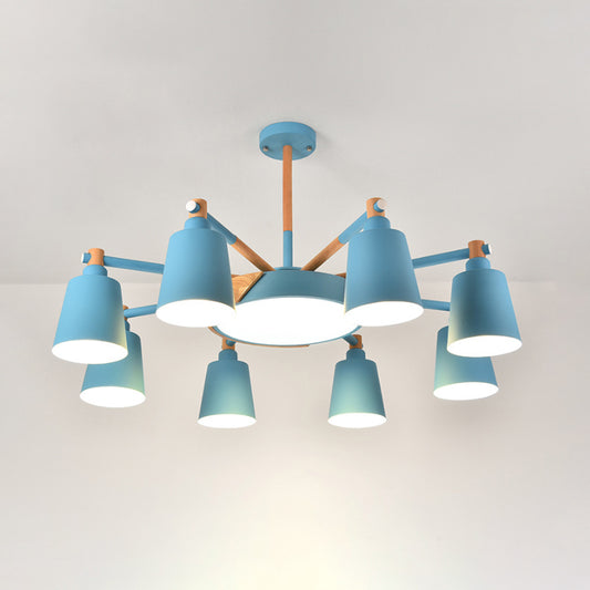 3/5/8-Light Living Room Chandelier Lamp Macaron Grey/Blue/White and Wood Suspension Pendant with Bucket Metal Shade Clearhalo 'Ceiling Lights' 'Chandeliers' Lighting' options 1909928