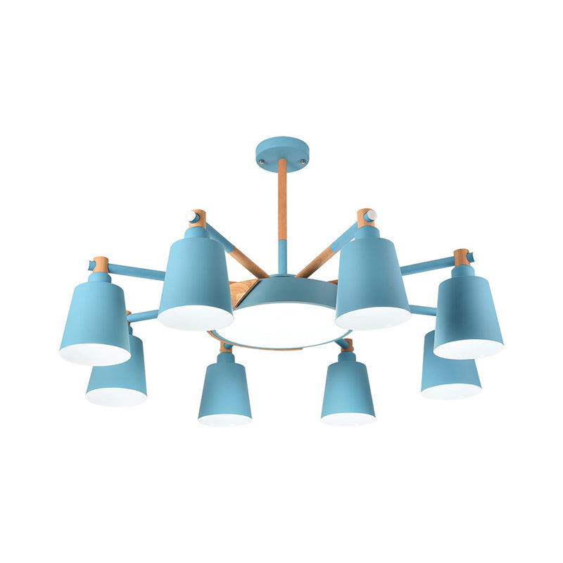 3/5/8-Light Living Room Chandelier Lamp Macaron Grey/Blue/White and Wood Suspension Pendant with Bucket Metal Shade Clearhalo 'Ceiling Lights' 'Chandeliers' Lighting' options 1909929