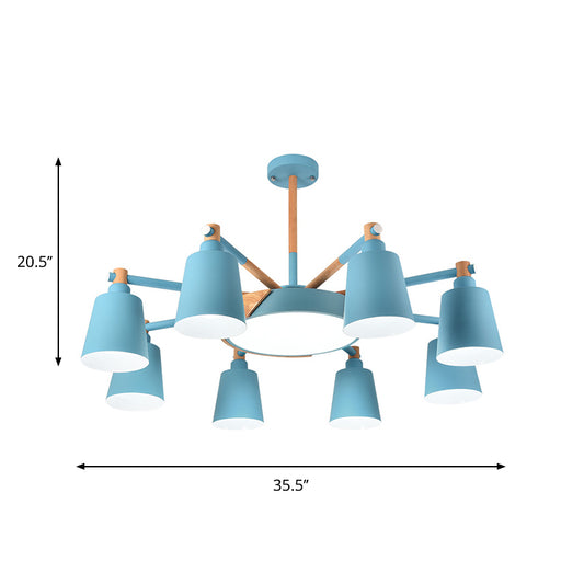 3/5/8-Light Living Room Chandelier Lamp Macaron Grey/Blue/White and Wood Suspension Pendant with Bucket Metal Shade Clearhalo 'Ceiling Lights' 'Chandeliers' Lighting' options 1909930