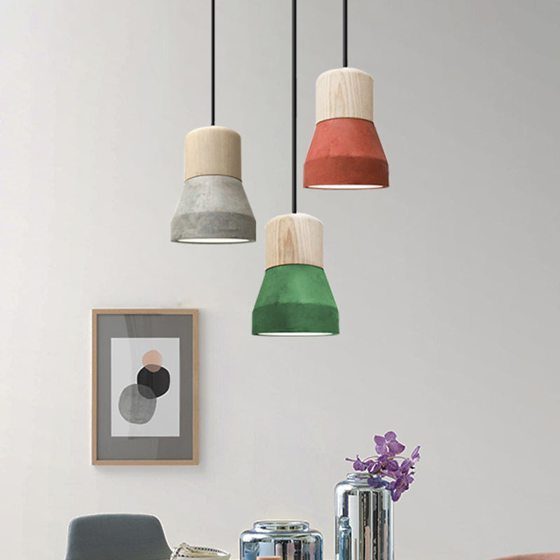 Cement Bottle Small Hanging Lamp Macaron Single Red/Grey/Green Ceiling Pendant Light with Wood Top Green A Clearhalo 'Ceiling Lights' 'Pendant Lights' 'Pendants' Lighting' 1910275_7b2fd672-c152-4cd2-899b-18e37f8b1dc4