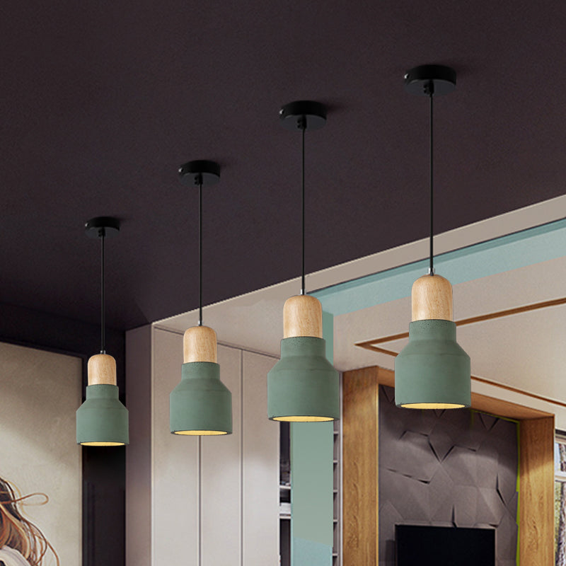 Cement Bottle Small Hanging Lamp Macaron Single Red/Grey/Green Ceiling Pendant Light with Wood Top Green B Clearhalo 'Ceiling Lights' 'Pendant Lights' 'Pendants' Lighting' 1910290_e3275163-c712-4540-9c71-b32390e13b77