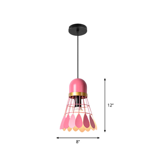 1 Bulb Kitchen Dinette Drop Lamp Macaron Pink Pendant Ceiling Light with Bottle/Badminton/Cone Metal Shade Clearhalo 'Ceiling Lights' 'Pendant Lights' 'Pendants' Lighting' 1910298