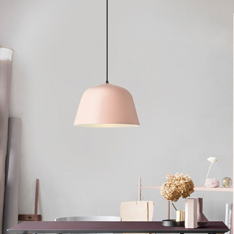 Macaron Single-Bulb Drop Pendant Pink/Grey/Green Bowl Pendulum Light with Iron Shade, 10"/12.5" Width Clearhalo 'Ceiling Lights' 'Pendant Lights' 'Pendants' Lighting' 1910313