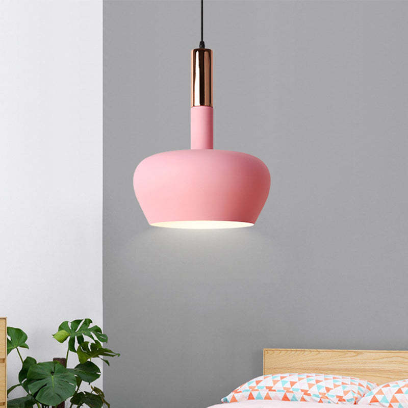 Apple-Shape Down Lighting Pendant Macaron Metallic 1 Light Pink/Blue/Yellow Ceiling Hang Light with Handle Clearhalo 'Ceiling Lights' 'Pendant Lights' 'Pendants' Lighting' 1910345