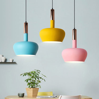 Apple-Shape Down Lighting Pendant Macaron Metallic 1 Light Pink/Blue/Yellow Ceiling Hang Light with Handle Yellow Clearhalo 'Ceiling Lights' 'Pendant Lights' 'Pendants' Lighting' 1910348_eece0dec-c1ce-475d-959f-c0da605ffad4