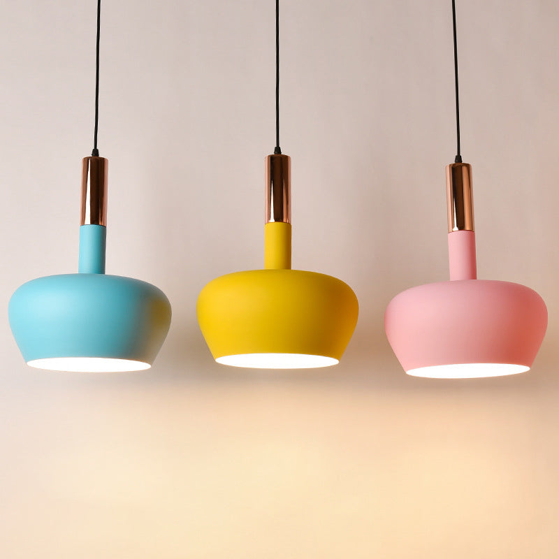 Apple-Shape Down Lighting Pendant Macaron Metallic 1 Light Pink/Blue/Yellow Ceiling Hang Light with Handle Clearhalo 'Ceiling Lights' 'Pendant Lights' 'Pendants' Lighting' 1910351