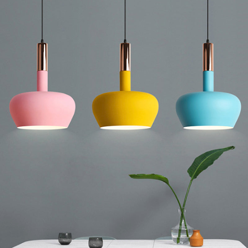 Apple-Shape Down Lighting Pendant Macaron Metallic 1 Light Pink/Blue/Yellow Ceiling Hang Light with Handle Clearhalo 'Ceiling Lights' 'Pendant Lights' 'Pendants' Lighting' 1910352