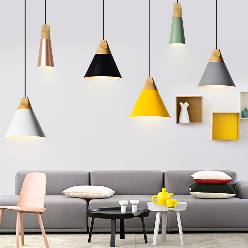 Aluminum Mini Cone Suspension Lamp Macaron Single-Bulb Hanging Pendant Light in Black/Pink/Green and Wood Clearhalo 'Ceiling Lights' 'Pendant Lights' 'Pendants' Lighting' 1910369