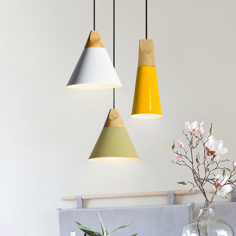 Aluminum Mini Cone Suspension Lamp Macaron Single-Bulb Hanging Pendant Light in Black/Pink/Green and Wood Clearhalo 'Ceiling Lights' 'Pendant Lights' 'Pendants' Lighting' 1910370