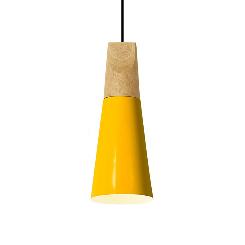 Aluminum Mini Cone Suspension Lamp Macaron Single-Bulb Hanging Pendant Light in Black/Pink/Green and Wood Yellow A Clearhalo 'Ceiling Lights' 'Pendant Lights' 'Pendants' Lighting' 1910371_582b61cb-5f3f-4d77-a261-e21653788314