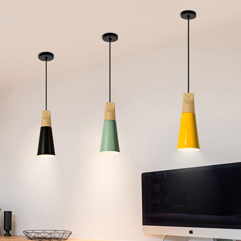 Aluminum Mini Cone Suspension Lamp Macaron Single-Bulb Hanging Pendant Light in Black/Pink/Green and Wood Clearhalo 'Ceiling Lights' 'Pendant Lights' 'Pendants' Lighting' 1910373