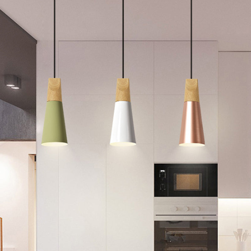 Aluminum Mini Cone Suspension Lamp Macaron Single-Bulb Hanging Pendant Light in Black/Pink/Green and Wood Clearhalo 'Ceiling Lights' 'Pendant Lights' 'Pendants' Lighting' 1910375