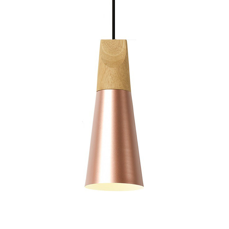 Aluminum Mini Cone Suspension Lamp Macaron Single-Bulb Hanging Pendant Light in Black/Pink/Green and Wood Clearhalo 'Ceiling Lights' 'Pendant Lights' 'Pendants' Lighting' 1910376