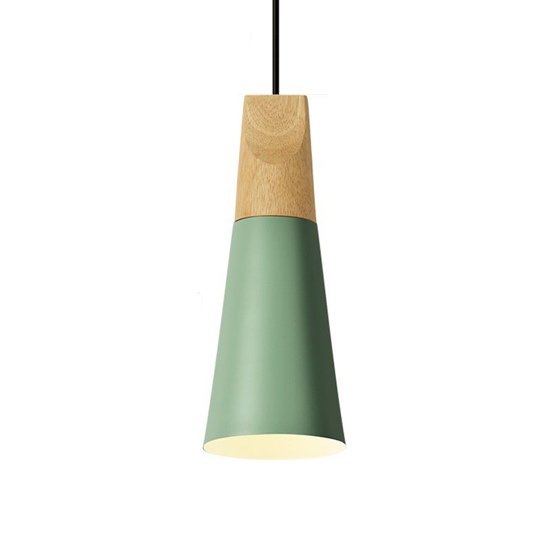 Aluminum Mini Cone Suspension Lamp Macaron Single-Bulb Hanging Pendant Light in Black/Pink/Green and Wood Clearhalo 'Ceiling Lights' 'Pendant Lights' 'Pendants' Lighting' 1910377