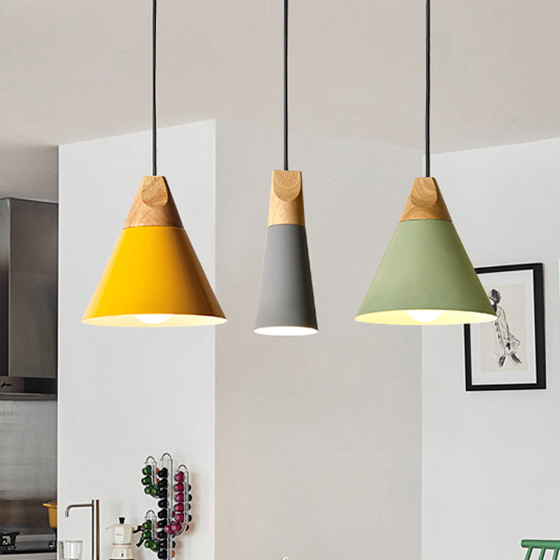 Aluminum Mini Cone Suspension Lamp Macaron Single-Bulb Hanging Pendant Light in Black/Pink/Green and Wood Yellow B Clearhalo 'Ceiling Lights' 'Pendant Lights' 'Pendants' Lighting' 1910378_2d09c578-09a4-4c22-8dfd-d01676799ea0