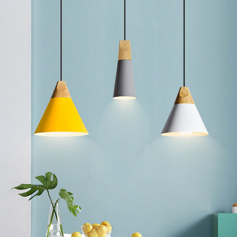 Aluminum Mini Cone Suspension Lamp Macaron Single-Bulb Hanging Pendant Light in Black/Pink/Green and Wood Clearhalo 'Ceiling Lights' 'Pendant Lights' 'Pendants' Lighting' 1910379
