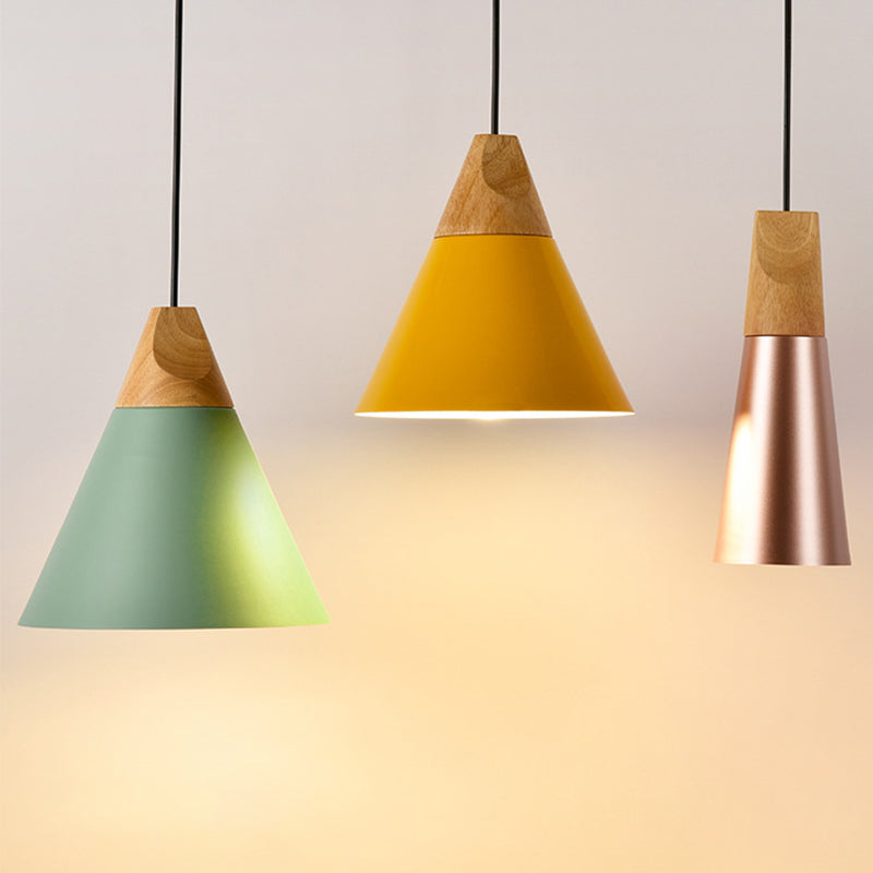 Aluminum Mini Cone Suspension Lamp Macaron Single-Bulb Hanging Pendant Light in Black/Pink/Green and Wood Clearhalo 'Ceiling Lights' 'Pendant Lights' 'Pendants' Lighting' 1910381