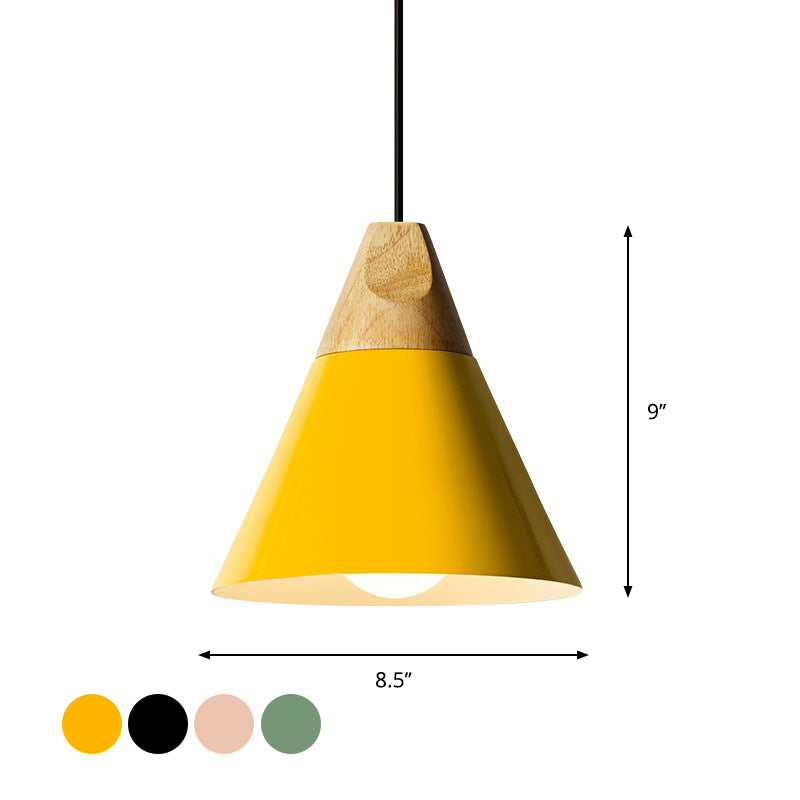 Aluminum Mini Cone Suspension Lamp Macaron Single-Bulb Hanging Pendant Light in Black/Pink/Green and Wood Clearhalo 'Ceiling Lights' 'Pendant Lights' 'Pendants' Lighting' 1910382