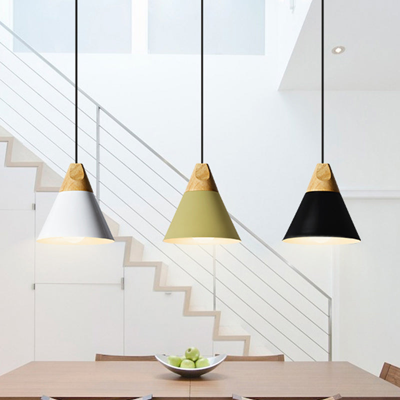 Aluminum Mini Cone Suspension Lamp Macaron Single-Bulb Hanging Pendant Light in Black/Pink/Green and Wood Black B Clearhalo 'Ceiling Lights' 'Pendant Lights' 'Pendants' Lighting' 1910383_968ded01-f02a-4c6d-9707-e683d9ebaa6a