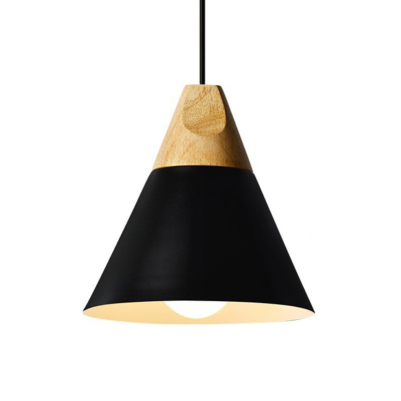 Aluminum Mini Cone Suspension Lamp Macaron Single-Bulb Hanging Pendant Light in Black/Pink/Green and Wood Clearhalo 'Ceiling Lights' 'Pendant Lights' 'Pendants' Lighting' 1910384