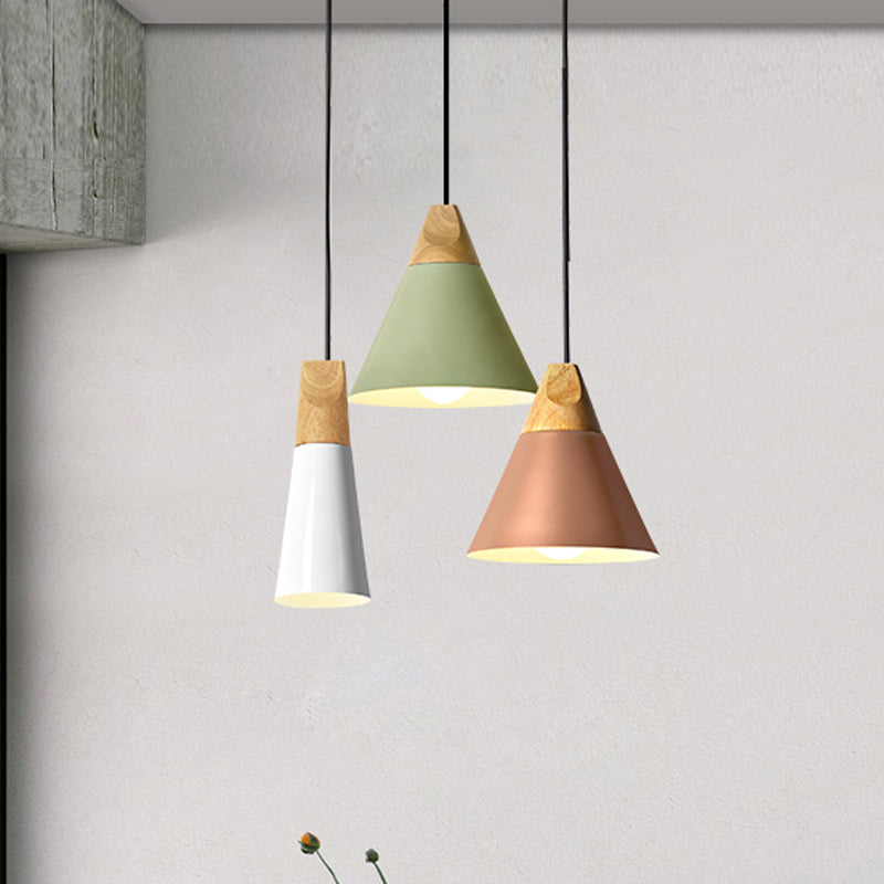 Aluminum Mini Cone Suspension Lamp Macaron Single-Bulb Hanging Pendant Light in Black/Pink/Green and Wood Clearhalo 'Ceiling Lights' 'Pendant Lights' 'Pendants' Lighting' 1910385