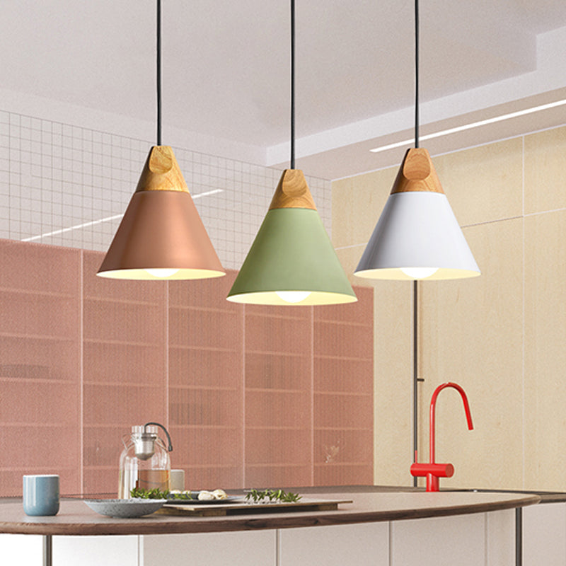 Aluminum Mini Cone Suspension Lamp Macaron Single-Bulb Hanging Pendant Light in Black/Pink/Green and Wood Clearhalo 'Ceiling Lights' 'Pendant Lights' 'Pendants' Lighting' 1910386