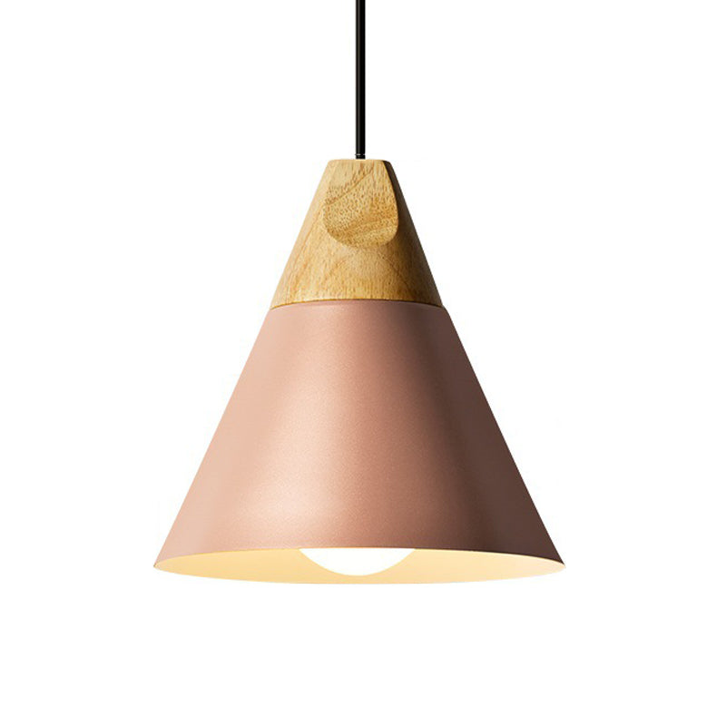 Aluminum Mini Cone Suspension Lamp Macaron Single-Bulb Hanging Pendant Light in Black/Pink/Green and Wood Clearhalo 'Ceiling Lights' 'Pendant Lights' 'Pendants' Lighting' 1910387