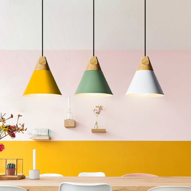 Aluminum Mini Cone Suspension Lamp Macaron Single-Bulb Hanging Pendant Light in Black/Pink/Green and Wood Clearhalo 'Ceiling Lights' 'Pendant Lights' 'Pendants' Lighting' 1910388