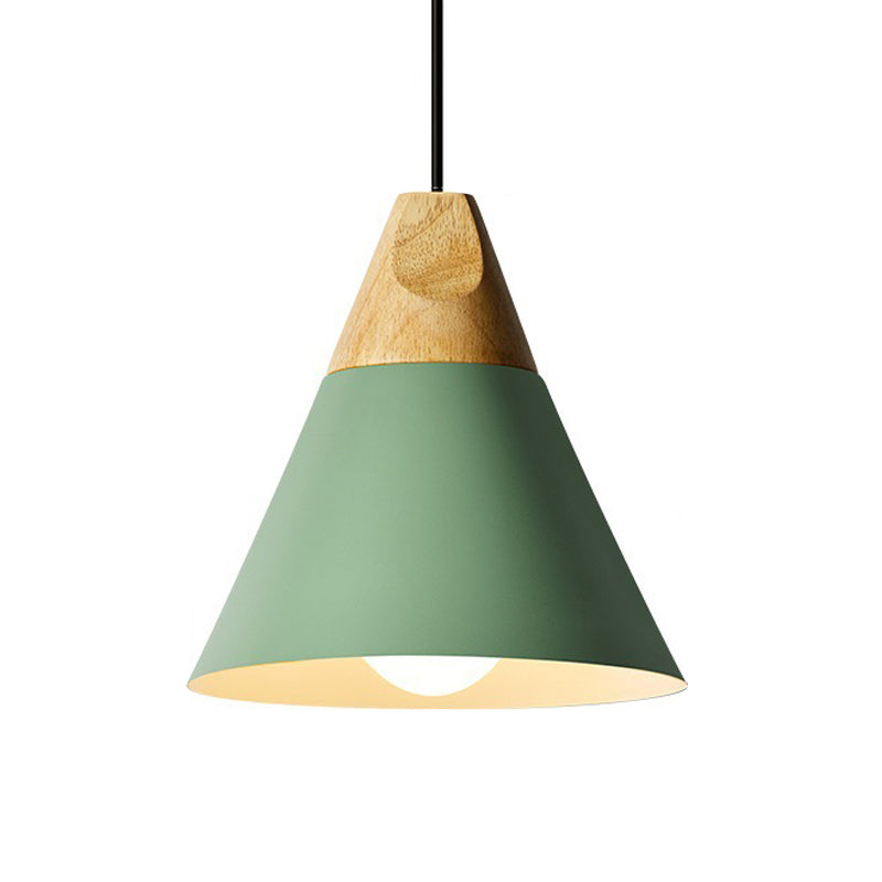 Aluminum Mini Cone Suspension Lamp Macaron Single-Bulb Hanging Pendant Light in Black/Pink/Green and Wood Clearhalo 'Ceiling Lights' 'Pendant Lights' 'Pendants' Lighting' 1910389