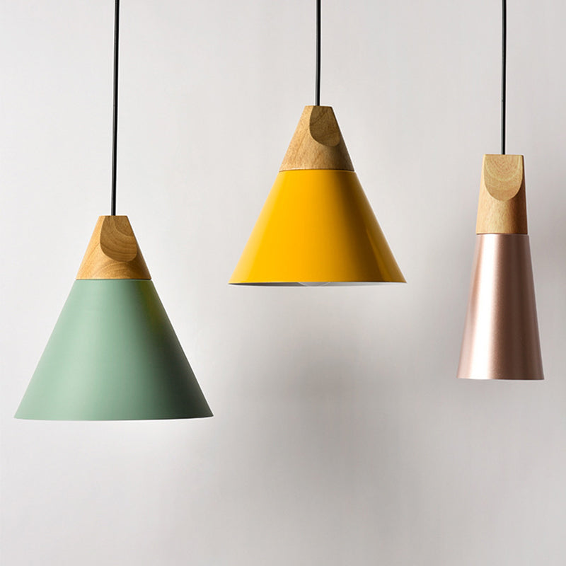 Aluminum Mini Cone Suspension Lamp Macaron Single-Bulb Hanging Pendant Light in Black/Pink/Green and Wood Clearhalo 'Ceiling Lights' 'Pendant Lights' 'Pendants' Lighting' 1910390