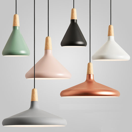 Conical Hanging Ceiling Light Macaron Aluminum 1-Bulb Pink/Gold/Grey and Wood Pendant Light Fixture over Table Clearhalo 'Ceiling Lights' 'Pendant Lights' 'Pendants' Lighting' 1910391