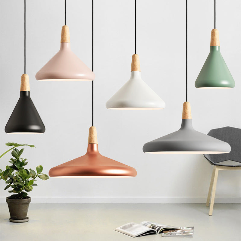 Conical Hanging Ceiling Light Macaron Aluminum 1-Bulb Pink/Gold/Grey and Wood Pendant Light Fixture over Table Clearhalo 'Ceiling Lights' 'Pendant Lights' 'Pendants' Lighting' 1910392