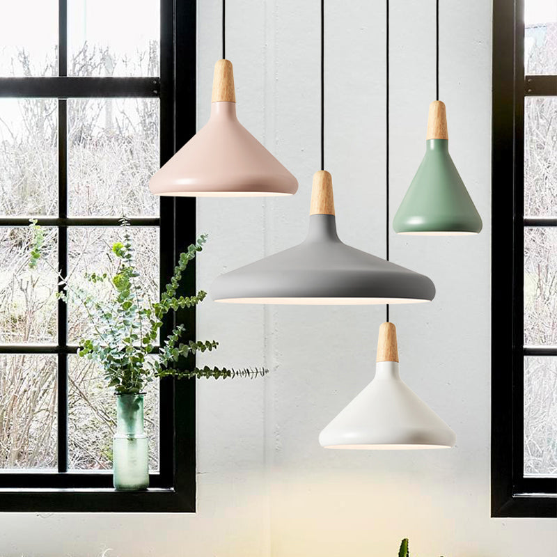 Conical Hanging Ceiling Light Macaron Aluminum 1-Bulb Pink/Gold/Grey and Wood Pendant Light Fixture over Table Clearhalo 'Ceiling Lights' 'Pendant Lights' 'Pendants' Lighting' 1910396