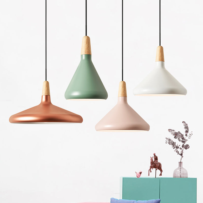 Conical Hanging Ceiling Light Macaron Aluminum 1-Bulb Pink/Gold/Grey and Wood Pendant Light Fixture over Table Clearhalo 'Ceiling Lights' 'Pendant Lights' 'Pendants' Lighting' 1910399
