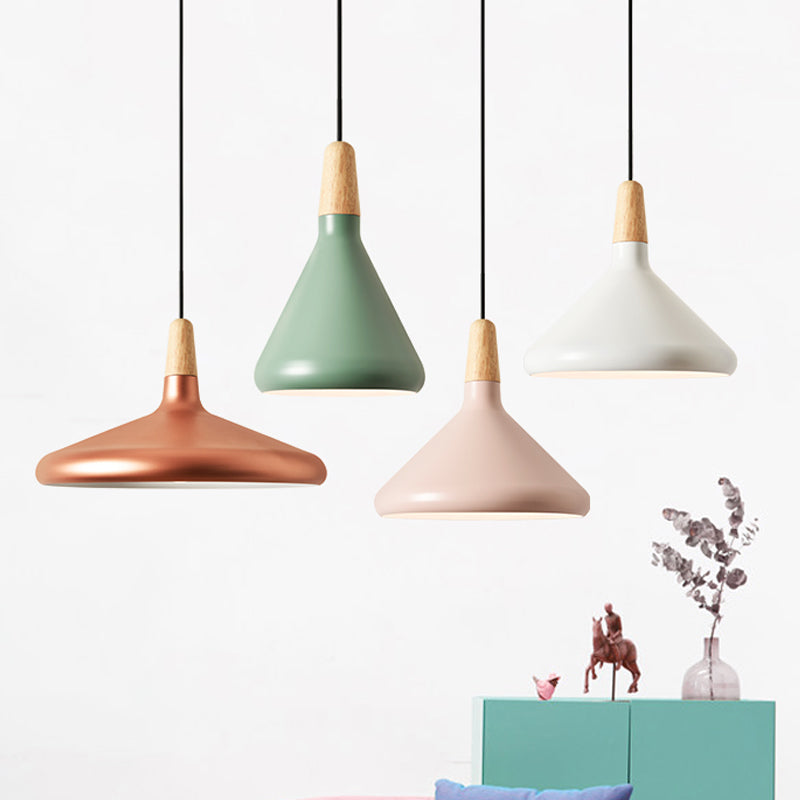 Conical Hanging Ceiling Light Macaron Aluminum 1-Bulb Pink/Gold/Grey and Wood Pendant Light Fixture over Table Pink Clearhalo 'Ceiling Lights' 'Pendant Lights' 'Pendants' Lighting' 1910399_b90006b7-8f1c-4448-8e28-2c23ffbaef59