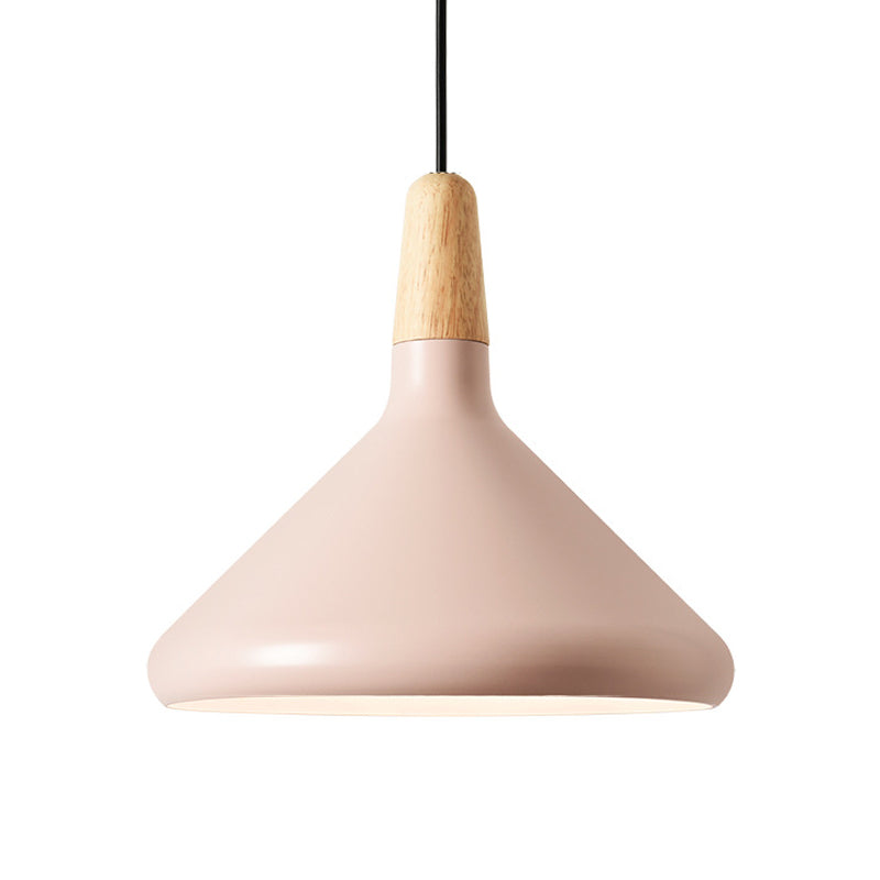 Conical Hanging Ceiling Light Macaron Aluminum 1-Bulb Pink/Gold/Grey and Wood Pendant Light Fixture over Table Clearhalo 'Ceiling Lights' 'Pendant Lights' 'Pendants' Lighting' 1910400