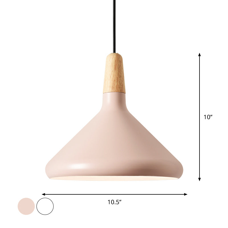 Conical Hanging Ceiling Light Macaron Aluminum 1-Bulb Pink/Gold/Grey and Wood Pendant Light Fixture over Table Clearhalo 'Ceiling Lights' 'Pendant Lights' 'Pendants' Lighting' 1910401
