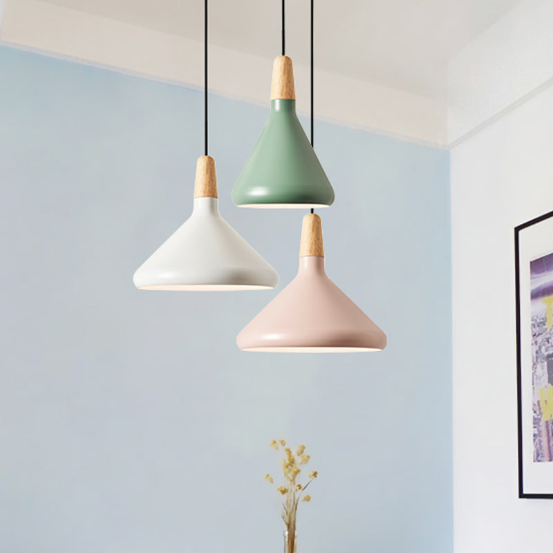 Conical Hanging Ceiling Light Macaron Aluminum 1-Bulb Pink/Gold/Grey and Wood Pendant Light Fixture over Table Green Clearhalo 'Ceiling Lights' 'Pendant Lights' 'Pendants' Lighting' 1910404_3934d71e-da3f-4c19-8b05-f6cce94fc95b