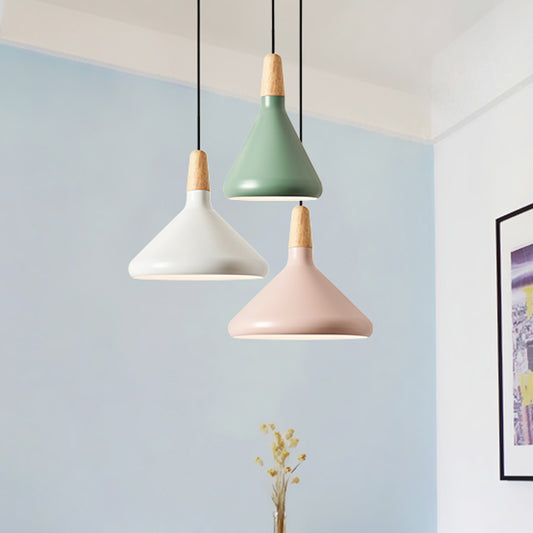 Conical Hanging Ceiling Light Macaron Aluminum 1-Bulb Pink/Gold/Grey and Wood Pendant Light Fixture over Table Clearhalo 'Ceiling Lights' 'Pendant Lights' 'Pendants' Lighting' 1910404