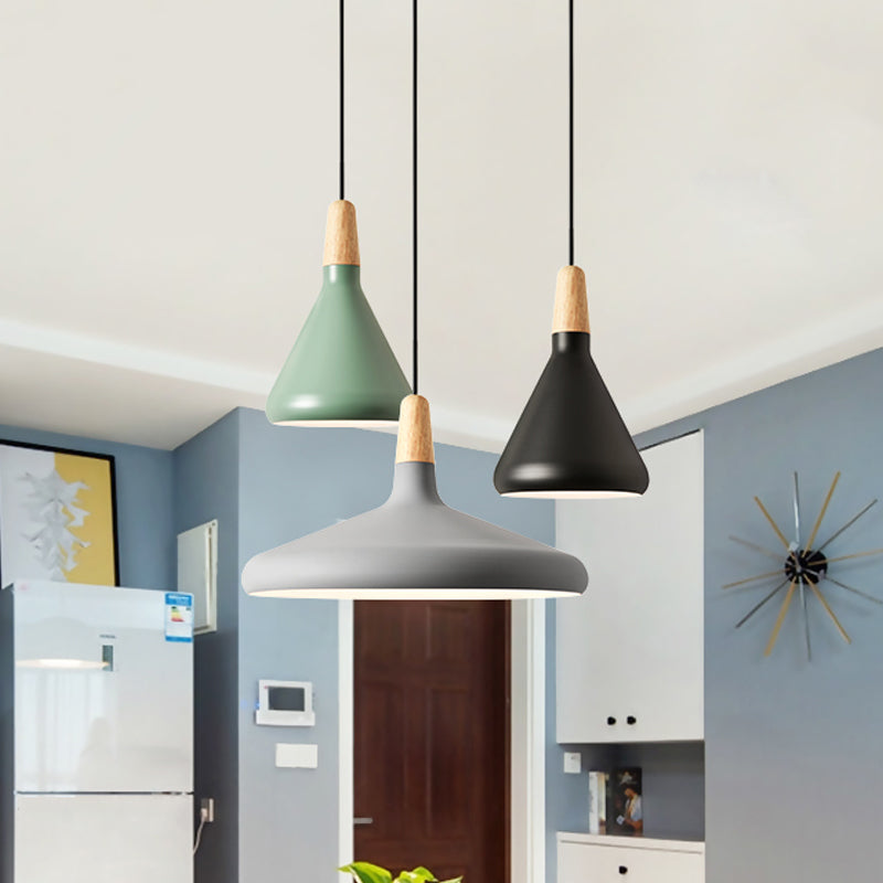 Conical Hanging Ceiling Light Macaron Aluminum 1-Bulb Pink/Gold/Grey and Wood Pendant Light Fixture over Table Black Clearhalo 'Ceiling Lights' 'Pendant Lights' 'Pendants' Lighting' 1910407_af8910d2-af91-4edc-bcbb-9889f7201ccd