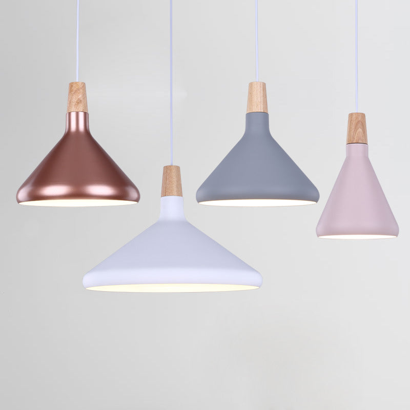 Flask Shaped Pendant Light Macaron Aluminum Single Kitchen Dinette Drop Lamp in Gold/Blue/Pink and Wood Gold Clearhalo 'Ceiling Lights' 'Pendant Lights' 'Pendants' Lighting' 1910423_1694cd71-3a25-4400-81a9-971bee4f3850